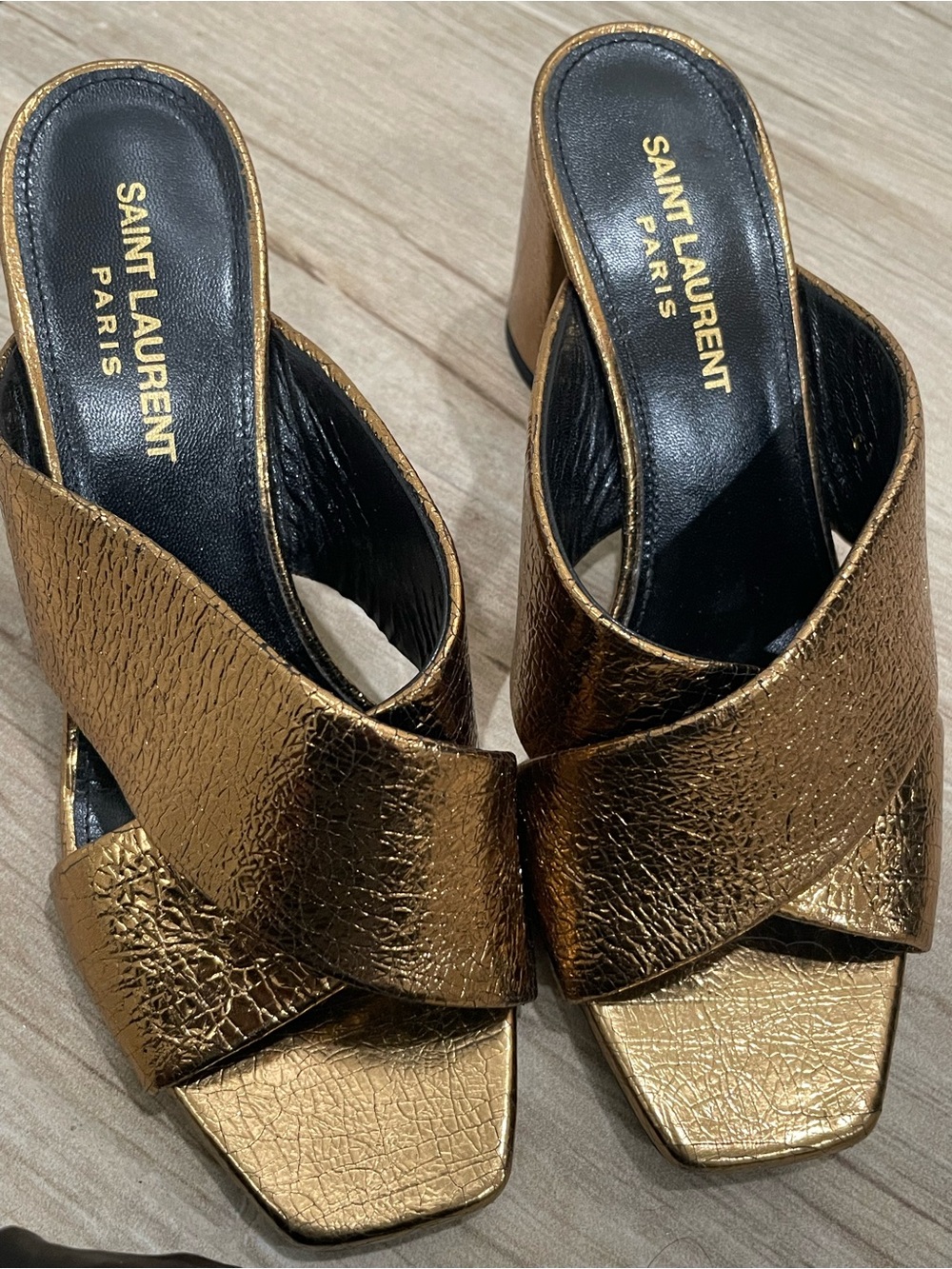 Saint Laurent Metallic Gold Crisscross Block Heel Mules